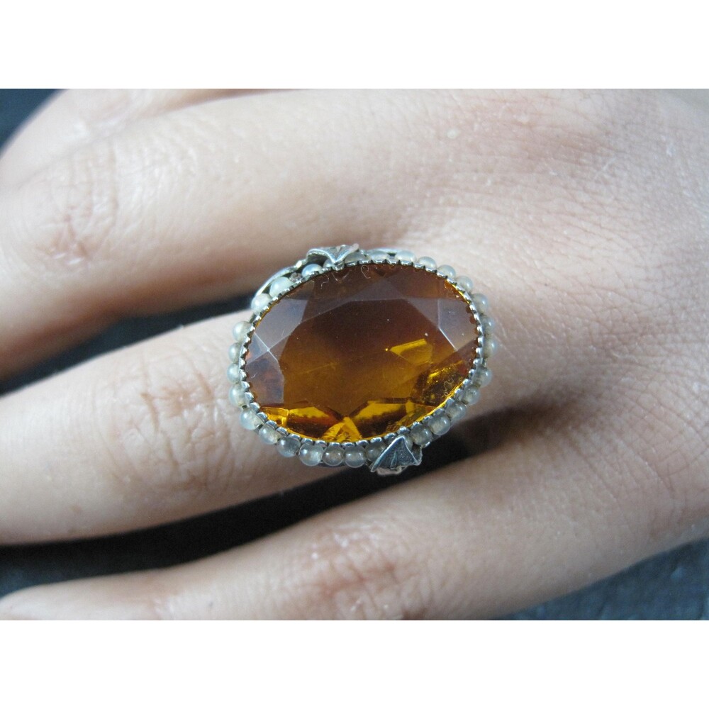 Antique Filigree Sterling Topaz Glass Leaf Ring Size 6